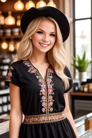 1girl, Beautiful young woman, blonde, smiling, (in beautiful Ukrainian national costume embroidery ornament black, whitet cap sunny day, botanical shopping in the coffee shop realistic