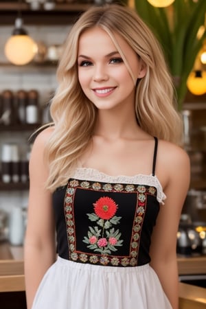 1girl, Beautiful young woman, blonde, smiling, (in beautiful Ukrainian national costume embroidery ornament black, whitet sunny day, botanical  son galass in the coffee shop realistic