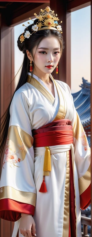 Masterpiece, Best quality, Photorealistic, Ultra-detailed, finedetail, high resolution, 8K wallpaper,  there is a woman in a white hat and coat standing on a balcony, palace , a girl in hanfu, ((a beautiful fantasy empress)), beautiful character painting, elegant digital painting, white robe with gold accents, a beautiful fantasy empress, golden-white robes, digital art of an sarre, white hanfu, beautiful digital painting, inspired by Lan Ying