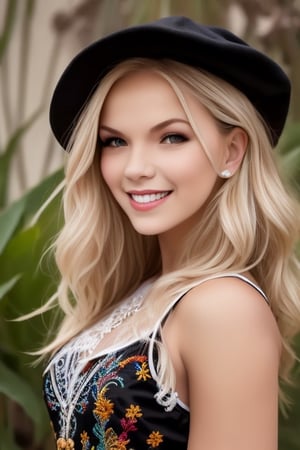 1girl, Beautiful young woman, blonde, smiling, (in beautiful Ukrainian national costume embroidery ornament black, whitet cap sunny day, botanical shopping in the moll realistic