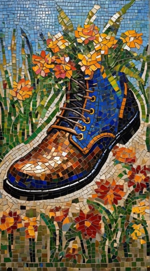 Post-Impressionist mosaic portraying a boot is adorned with various plants and flowers growing out of it, influenced by Vincent van Gogh’s expressive and swirling patterns, rich and diverse color palette, tessellated tiles creating a textured effect, sunlit and lively atmosphere, 128K UHD, masterpiece.