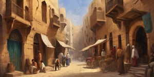 oil painting style of old cairo lanes and streets, 