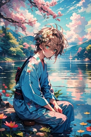 High quality, masterpiece, 1boy, shiny long blond messy hair, brigth turquoise pupils, a long yukata with images of clouds and flowers, sitting under a tree and overlooking a lake