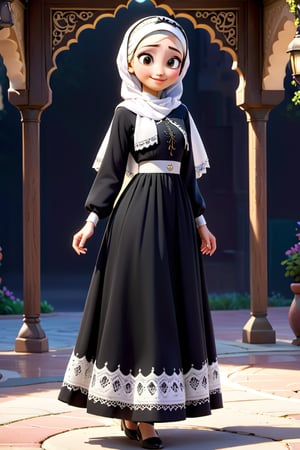 A 15-year-old a beautiful asian girl, wearing elegant modern long black dress with a white headscarf and a matching white islamic hijab,The dress has a lace-like pattern at the hem, smile, round face, large eyes,  joy, confidence, 8k,high_resolution, detailed,standing, disney pixar style, transparent background,