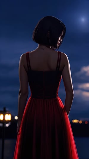 {extremely detailed, beautiful dark silhouette of a female in a red dress:see-through}, (short hair), (detailed face), dramatic sky, heavy backdrop lights, dramatic background, lots of detail, sharp focus,