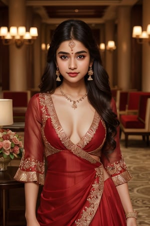 beautiful cute young attractive girl indian, teenage girl,18 year old,cute, imodel,long black hair . Envision a indian girl in a beautiful red salwar kameez , stand in a luxurious hotel lounge, her chest subtly emphasized, exuding confidence and grace, adorned with exquisite jewelry including dangling earrings, Paperwork, intricate paper cutting with layered textures and delicate patterns, --ar 16:9 --v 5