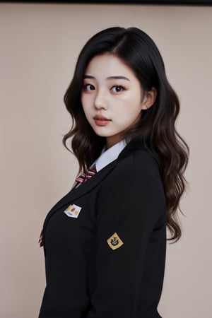 A pretty girl , curly hair , black hair color , Korean , 24 years old , standing ,  in her school uniform ,asian girl,Extremely Realistic,Perfect lips