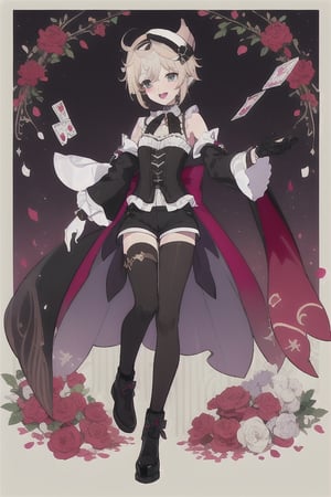Lyney (genshin impact), boy with black and shiny high tights, black gloves, androgynous boy, tall top hat magician, soft and skinny body, white skin, rose cheeks and nose, short cut blonde hair, Full body shot, victorian corset with shorts and white sleeves, doing a magician show with fire cards and a bow, Silly cat, highres,boy ,1boy, victorian Mid-Calf Boots Black Leather,Manjiro Sano,BoyKisserFur
