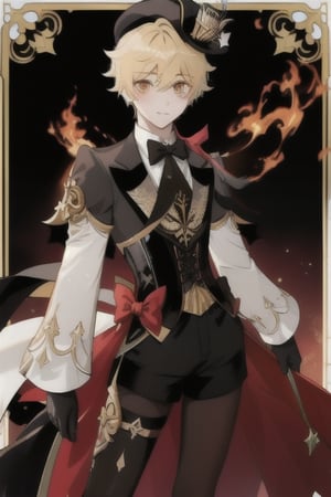 Lyney (genshin impact), boy with black and shiny high tights, black gloves, androgynous boy, top hat magician, soft and skinny body, white skin, rose cheeks and nose, short cut blonde hair, Full body shot, victorian corset with shorts and white sleeves tight on the forearms, doing a magician show with fire cards and a bow, Silly cat, highres,boy ,1boy,1guy
