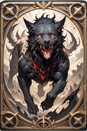 (masterpiece:1.4), ((best quality, 8k, ultra-detailed)), a black dog, hellhound, monster illustration, beautiful, full body, in TCG Card frame
