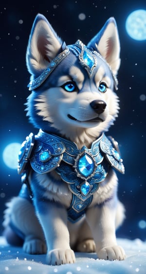 A Husky, small and cute,generate a celestial adorable non-human animal in the style of celestial and fantasy. the animal should be the most beautiful animal ever created. Consider details like fluffy with (snow, ice and diamonds (armour)) and shimmer and glimmer. Include subtle details of phantasmal iridescence. emphasize small details of fantasy and ornate diamonds. camera: utilize interesting and dynamic composition. enhance visual interest. lighting: use ambient lighting that enhances the ambiance of fantasy. include bright white and blue and deep shadows. hires, detailed eyes, hires detailed eyes, hires small details, ornate, intricate details, 8k, shimmer, unity, official cgi unreal engine, high resolution, (((masterpiece))), high quality, highres, detail enhancement, (bright and clear eyes), 