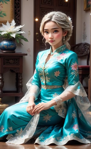 a painting of (ELSA) wearing (peranakan traditional kebaya), (sitting on the floor) (admiring a snowflake) on her hand, bokeh