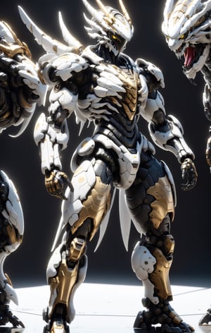 An white dragon Robot Mecha Soldier, Wearing Futuristic gold and black Soldier Armor and Weapons, front view, Reflection Mapping, Realistic Figure, Hyper Detailed, Cinematic Lighting Photography, nvidia rtx, super-resolution, unreal 5, subsurface scattering, pbr texturing, 32k UHD
