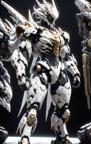 An white dragon Robot Mecha Soldier, Wearing Futuristic gold and black Soldier Armor and Weapons, front view, Reflection Mapping, Realistic Figure, Hyper Detailed, Cinematic Lighting Photography, nvidia rtx, super-resolution, unreal 5, subsurface scattering, pbr texturing, 32k UHD