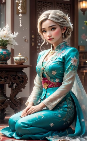 a painting of (ELSA) wearing (peranakan traditional kebaya), (sitting on the floor) (admiring a snowflake) on her hand, bokeh