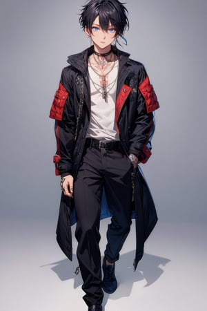 looking at viewer, short hair, blue eyes, simple background, black hair, red eyes, 1boy, hair by neck, jewelry, closed mouth, jacket, male focus, earrings, belt, pants, gray background, off the shoulder, jacket black, tattoo, chain, black pants, piercing, ear piercing, hand on neck, hands in pockets, arm tattoo
