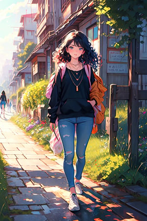 Drawing in animated style, 20-year-old woman in a park, flower bed (saturation of colors), woman with long, black, curly hair, black eyes, she is wearing a sweatshirt, a backpack and a necklace with a pendant ring around her neck, jeans, she looks dreamy, park with sand paths, children's games, she is walking in the park.,shine eyes01, beautiful and nice woman, masterpiece, beautiful,pastelbg