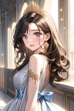 Comic-style drawing of a beautiful, charming girl with a tender smile and long, curly black hair. She wears a very chic and chaste princess outfit (beautiful and elegant princess dress, silver tiara, elegant gold hairpin, beautiful earrings, elegant jewelry). Beautiful skin. Beautiful, detailed eyes. Dark brown eyes. Her eyes shine, her hair is beautiful and shiny too. Himecut hairstyle, golden earrings, golden hairpin. She walks through the palace. Sunny day. This feminine beauty is present in her. ((Masterpiece quality: 1.5)), light particles.,bj_elegant,shine eyes01