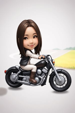1girl, solo, long hair, smile, brown hair, chibi, lips, ground vehicle, motor vehicle, motorcycle