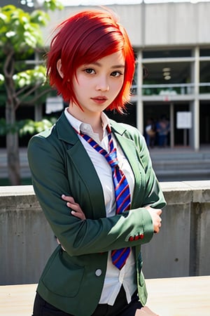 Masterpiece realistic , short-hair_red hair , student unifrom indonesia , SMU ,