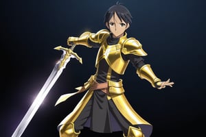 Create the character Kirito with a golden armor with black without a helmet, it is a super holy sword with aura effect
