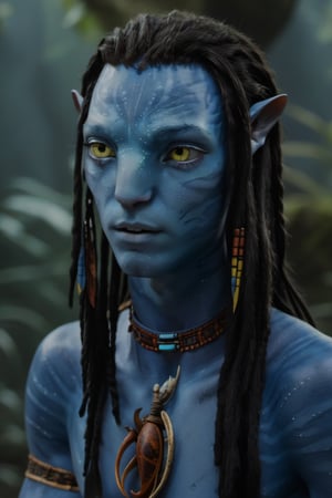 twenty year old male na'vi, omaticaya na'vi, miles "spider" socorro, ((blue skin)), blue palette, ((black hair)), ((long hair in dreads)), messy hair, ((golden eyes)), eyebrows, skin full of ((scales)), ((pointy fangs)), wearing tribal clothing, beautiful na'vi, action scene, close-up face view, ((profile view)), realistic_eyes, hyper_realistic, extreme details, HDR, 4k quality, perfect quality, perfect image, HD quality, movie scene, Read description, ADD MORE DETAIL, glowing forest background