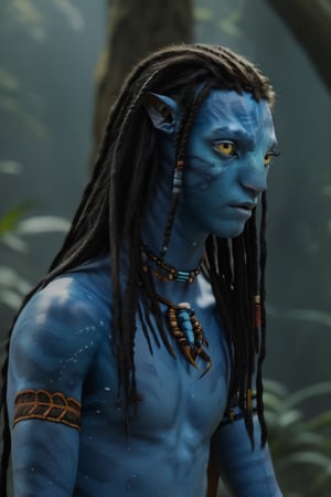 twenty year old male na'vi, omaticaya na'vi, miles "spider" socorro, ((blue skin)), blue palette, ((black hair)), ((long hair in dreads)), messy hair, ((golden eyes)), skin full of ((scales)), ((pointy fangs)), wearing tribal clothing, beautiful na'vi, action scene, close-up face view, profile view, realistic_eyes, hyper_realistic, extreme details, HDR, 4k quality, perfect quality, perfect image, HD quality, movie scene, Read description, ADD MORE DETAIL, glowing forest background