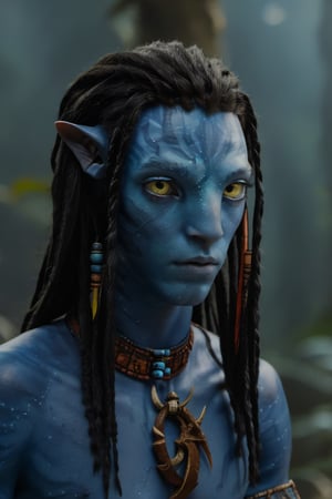 twenty year old male na'vi, omaticaya na'vi, miles "spider" socorro, ((blue skin)), blue palette, ((black hair)), ((long hair in dreads)), messy hair, ((golden eyes)), eyebrows, skin full of ((scales)), ((pointy fangs)), wearing tribal clothing, beautiful na'vi, action scene, close-up face view, profile view, realistic_eyes, hyper_realistic, extreme details, HDR, 4k quality, perfect quality, perfect image, HD quality, movie scene, Read description, ADD MORE DETAIL, glowing forest background
