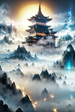 （floating,chinese building）,nest in mountain, blue light, (dense fog:1.7) ,crystal and silver entanglement,black and blue entanglement