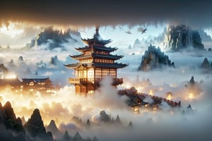 （floating,one big chinese building）,nest in mountain, blue light, (dense fog:1.7) ,crystal and silver entanglement,black and blue entanglement