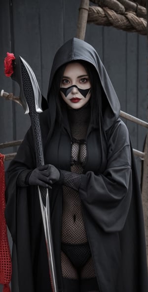 a sexy fit female grim reaper pointing at the camera,fishnet thighhighs