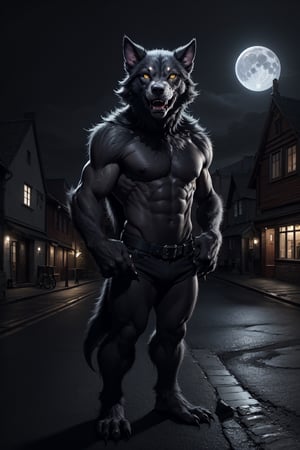 A dark-haired werewolf, its piercing yellow eyes gleaming with an otherworldly intensity, stands tall on the dimly lit village pavement. Its anthropomorphic features blend seamlessly into its rugged, gray-furred coat as it gazes upward, its ears perked in attention.  a stark contrast to the eerie, moonlit atmosphere that surrounds this mystical creature.,Half-timbered Construction