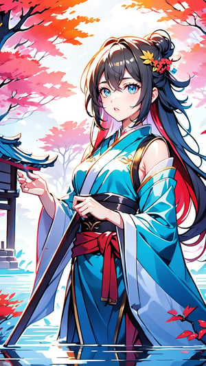 8K picture quality, high-definition animation, beautiful girl, white and red Hanfu, ultra-high-definition rendering, Chinese comic 2D style, brown hair, wearing red mulberry leaves on her head, surrounded by red mulberry trees, there is a creek, and both hands are holding buckets on the waist work