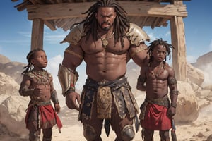 A group of 4 huge muscular 5 year old African children, dreadlocks hairstyles, tribal armour, get angry, with lances