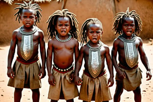 A group of 4 huge muscular 5 year old African children, dreadlocks hairstyles, tribal armour, get angry