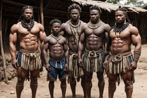 A group of four 5-years old African male children, huge muscles, huge muscular pectorals, huge abdominal muscles, huge muscular arms. huge muscular legs, primitive african tribal hairstyles, cibertribal, primitive tribal armour, angry looks, angry faces