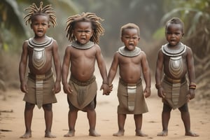 A group of 4 huge muscular 3 year old African children, dreadlocks hairstyles, tribal armour, get angry