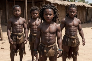 A group of 5 huge muscular 5 year old African children, dreadlocks hairstyles, tribal armour, get angry