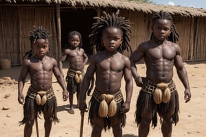 A group of 4 huge muscular 5 year old African children, dreadlocks hairstyles, tribal armour, get angry, with lances