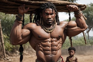 A 5 years old African male children, huge muscles, huge muscular pectorals, huge abdominal muscles, huge muscular arms. huge muscular legs, primitive african tribal hairstyles, cibertribal, primitive tribal armour, angry looks, angry faces