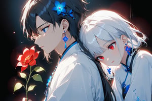 1boy and 1girl, from the side, 
A boy and a girl sitting opposite each other, looking directly at each other. ,
(The girl has long black hair, blue eyes, is wearing blue Chinese earrings, and is dressed in cool white clothes ,holding a blue flower.) , 
(The boy has short white hair, red eyes, is wearing red Chinese earrings, and is dressed in  black cool clothes ,holding a red flower.) ,
bangs, sad, 
flowers, black background, particles,
profile, lens flare, glass art, glitter,  glint,  light 