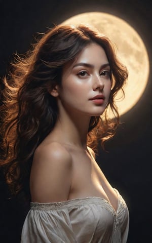 high quality, 8K Ultra HD, hyper-realistic woman, The woman is standing in a moonlit setting, her body bathed in a soft, diffused glow that accentuates the delicate nuances of her expression. The artist, captures every subtle contour of her face, the intricacies of her gaze, and the cascading strands of her hair, In this mysterious ambiance, the artist employs da Vinci's mastery of shadow and light, creating an alluring interplay that accentuates the enigmatic aura surrounding the woman, Shadows dance across her body, enhancing the depth of her gaze and adding a touch of secrecy to the composition, by yukisakura, highly detailed, ,photorealistic , full_body, full-body_