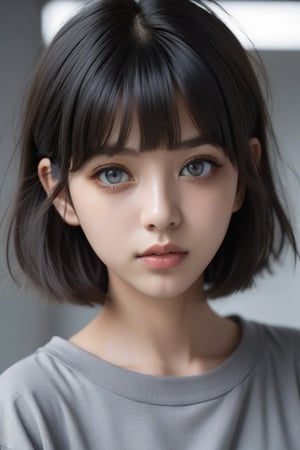 masterpiece, best quality, 1girl,  detailed skin, short hair, messy hair, bangs, thick lips, long eyelashes, bright pupils,   black hair, grey eyes, oversized shirt, english text,   depth of field, expressions,  upper body,