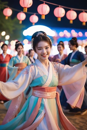 portrait of nice girl wear fancy hanfu dancing at outdoor, wanderful eye, laughing joyfully. open air club here is full of people dancing around her, amid colorful lights and bokeh effects, photo realistic, cinematic, movie still, summer vibes, captured in the style of Sony Alpha A7 III camera --ar 2:3 --s 500 --v 6.0