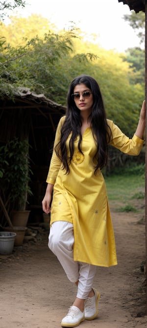 Lovely cute young attractive indian  girl, 20 years old, cute long black_hair,  black  hair,  They are wearing a  pink , patterned yellow kurta and yellow salwar, black sunglass , white shoes. village farm