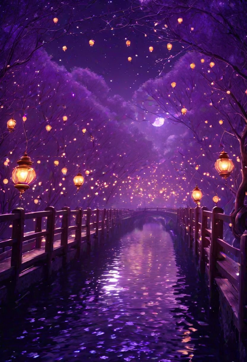 a river with lanterns floating in it and a person standing on a bridge over it with a lantern in the water, purple, autumn, fantasy, enchanting, detailed