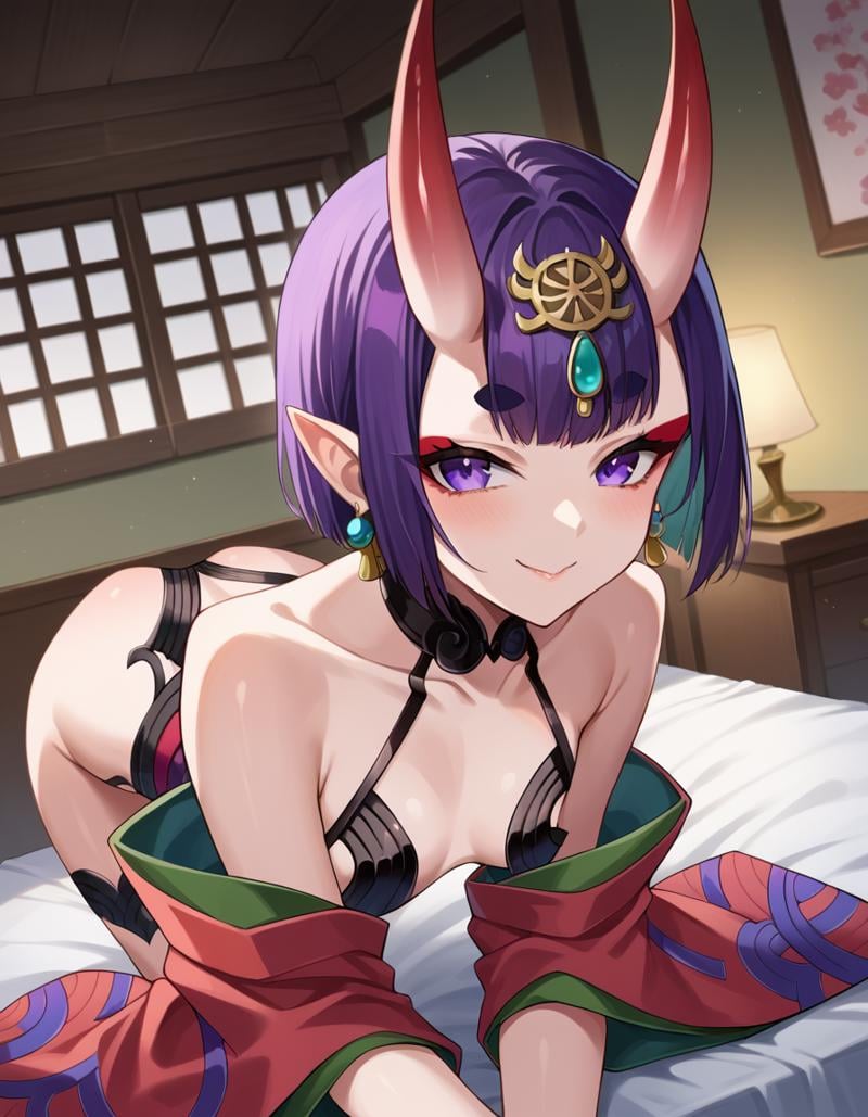 score_9, score_8_up, score_7_up, source_anime,shutendouji, <lora:shuten-douji-ponyxl-lora-nochekaiser:1>,shuten douji, purple eyes, earrings, eyeshadow, horns, makeup, oni horns, purple hair, red eyeshadow, short eyebrows, short hair, single earring, pointy ears, smile,bare shoulders, collarbone, japanese clothes, jewelry, long sleeves, revealing clothes, wide sleeves,indoors, bed, bed room, bent over,looking at viewer, dutch angle, cowboy shot,