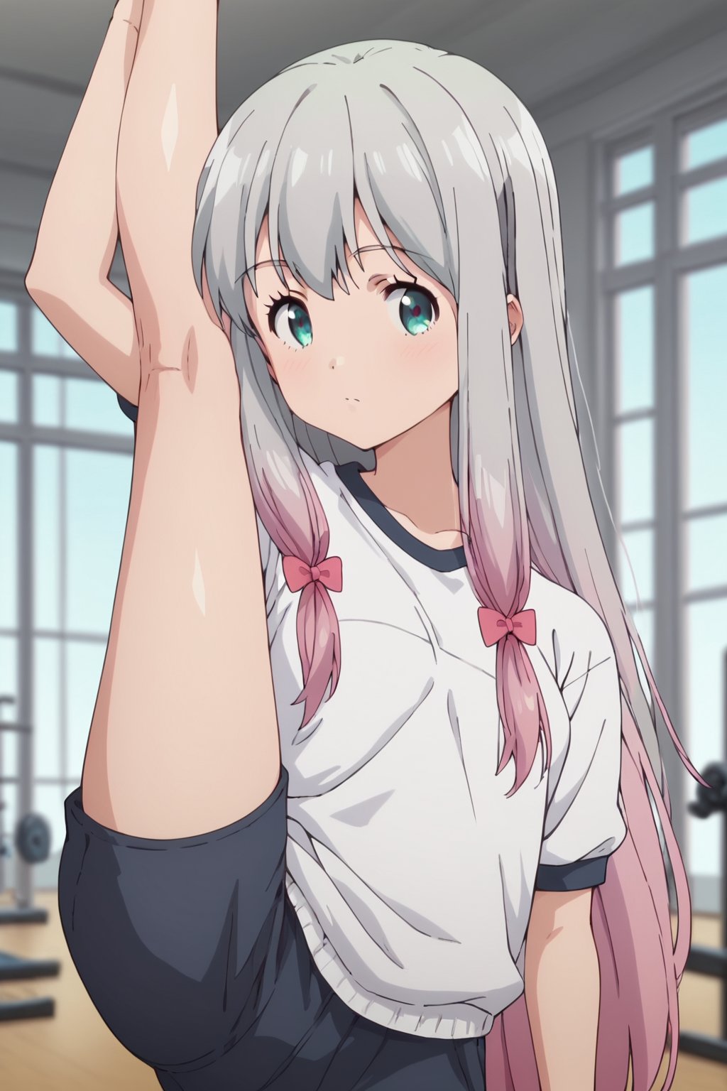 score_9, score_8_up, score_7_up, score_6_up, score_5_up, score_4_up, source_anime,koizumi yogiri, long hair, grey hair, aqua eyes, grey hair, pink hair, multicolored hair,1girl, solo, gym uniform, gym, standing split, looking at viewer,masterpiece, perfect face, best quality, beautiful girl, blurry background, cute girl, beautiful eyes, shiny eyes, anime coloring, anime screencap, absurdres,<lora:koizumi yogiri pony:0.8>