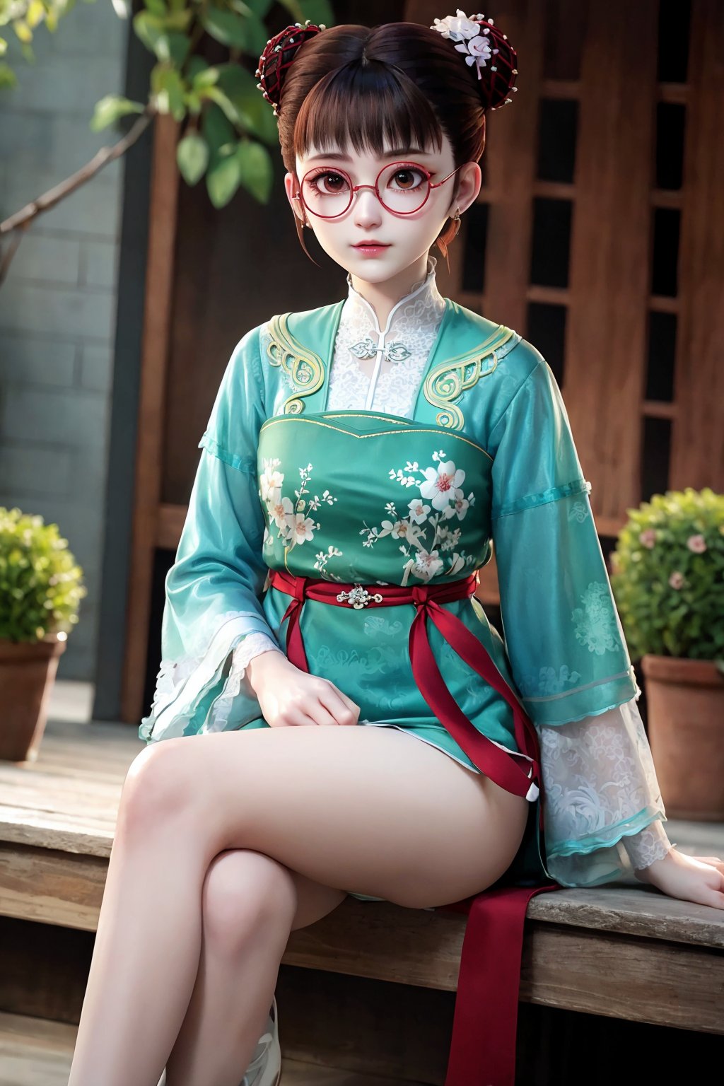 sitting, (crossed_legs), dress, chinese_clothes, long_sleeves, detached_sleeves, hanfu, looking_at_viewer, (8k, RAW photo, best_quality),(highly_detailed),(masterpiece:1.2),(ultra-detailed),(extremely_detailed_cg_8k_wallpaper),(realistic:1.2),(photorealistic:1.3),(scenery,  east_asian_architecture, potted_plant,  plant),1girl, glasses, solo, double_bun, hair_bun, red-framed_eyewear, brown_hair, brown_eyes, bangs, hair_ornament, eyeshadow, eyelashes, jewelry, earrings, makeup, white_legwear,fingernails,nail_polish,medium_shot,photo_\(medium\),(texture_skin:1.3),(shiny_skin:1.4),(an_extremely_delicate_and_beautiful),<lora:syqiangk_加强_重置_唐巧_C9_2.1:0.8>,