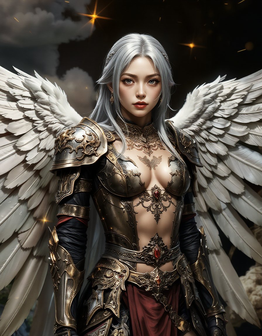 masterpieces, best quality, highresa J-POP girl in standing along, solo, blue eyes, sliver hair, full body, wings down,which is positioned vertically, wearing a costume,tattoo on the breasts, tattoo cleavage, (tattoo),action to viewer, cloudy theme,helmet, spark armor, extreme detailed ornate armor,diamond girdle, gemstone choker, skinny tattoo, flora tattoo, magnificent, gorgeous, luxurious, ornaments, spot light, dark seamless background, dark theme, high key light, rim light, spark holy light reflection,<lora:hinaFluxFantasyArmorMix-schnell_v1-rev1:0.9> <lora:hinaFluxAsianMixLora-schnell_v1:0.6>